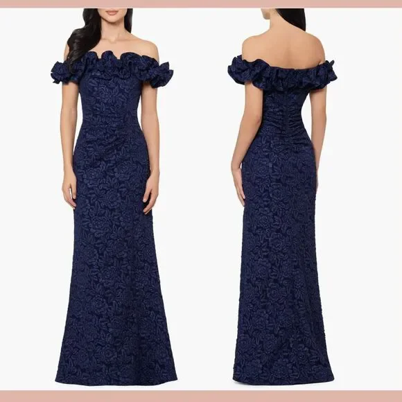 NEW $288 XSCAPE [ 16 ] Ruffle Off‎ the Shoulder Brocade Gown Navy Blue #S1669 - Picture 2 of 4